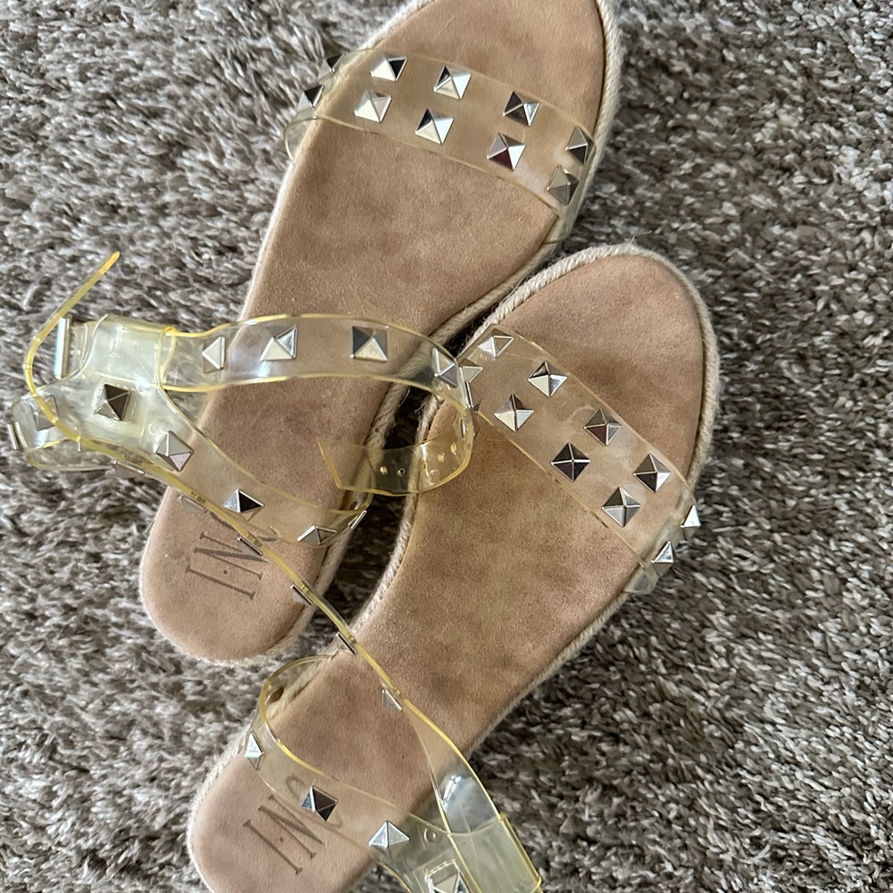 Cream and Tan Sandals with Clear Straps and Studded Accents